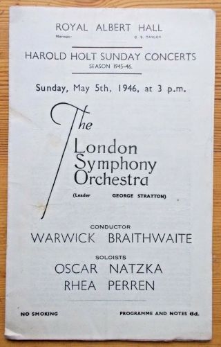 The London Symphony Orchestra Programme Royal Albert Hall 5th May 1946