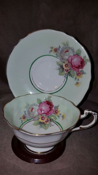 Paragon Double Warrant Pale Green White Pink Rose Tea Cup And Saucer,  England