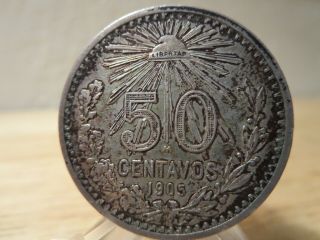 1905 Xf,  50 Centavos Mexico Silver Coin Toned Rare Date 2nd Republic Money