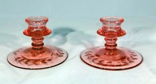 2 Vintage Pink Depression Glass Candlestick Holders,  Wheel Cut