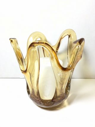 Vintage Amber Glass Candle Holder Hand Blown Art Glass Gold Glitter