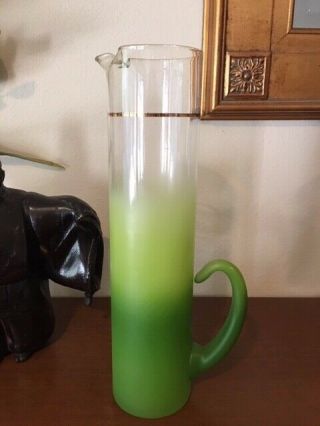 Vintage Mcm Art Deco Green To Clear Tall Skinny Pitcher Pinched Spout Round Base