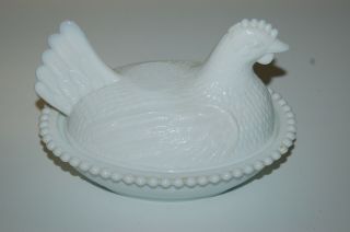 Vintage 7 " White Indiana Milk Glass Hen On Nest Chicken Covered Dish