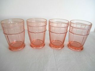4 Pink Doric Footed Tumblers 4 1/4 " High - 10 Ozs.  Depression Glass