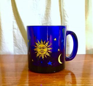 Libbey Cobalt Blue Celestial Moon & Stars Glass Coffee Mug Ultra Rare Minty