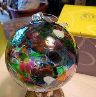 Kitras Art Glass Ornament Calico 4 " Ball.  Orig Kitras Box Hand Crafted In Canada