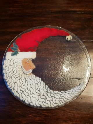 14” Signed Peggy Karr Fused Art Glass Crescent Moon Santa Christmas Platter