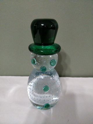 Gibson Glass Snowman Green Controlled Bubble 2001 6 " Tall Paperweight Figurine