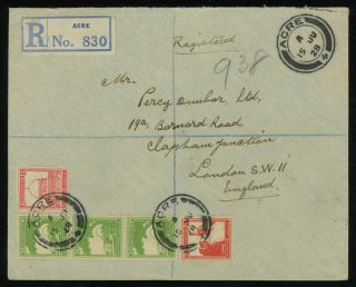 Palestine 1928 Registered Cover From Acre To London,  3 - Colour Franking,