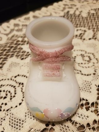 Fenton Art Glass Baby Shoe Signed Hand Painted.  Sticker.