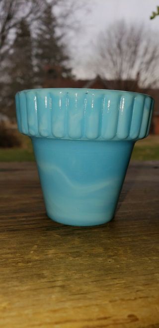 Vintage Akro Agate Usa Blue Swirl Slag Glass Mini Flower Pot
