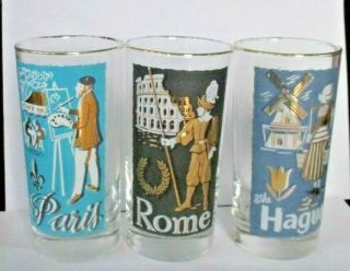 3 1960s Cities Of The World Libbey Mcm Glasses Tumblers Hague Rome Paris