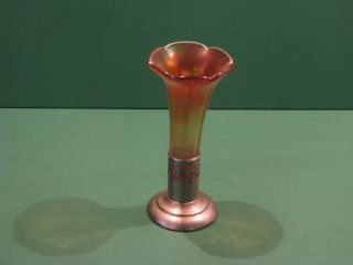 Antique Carnival Glass Dugan Vase Mounted In Metal Stand Standard Pattern