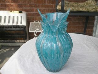 Murano Art Glass Rib Crackling Glass Blue Large Owl Vase Pitcher