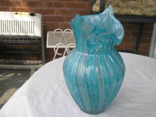 Murano Art Glass Rib Crackling Glass Blue Large Owl Vase Pitcher 2