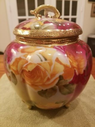 Nippon Hand Painted Beaded Gold Enamel 3 Footed Biscuit Cookie Ginger Jar