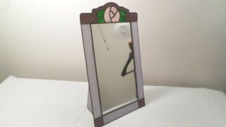 Vintage Hand Made Standing Stained Glass Table Top Mirror,  Purple Floral