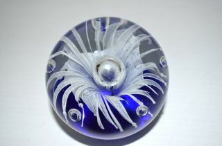 Vintage Art Glass Paperweight White Flower With Blue Base