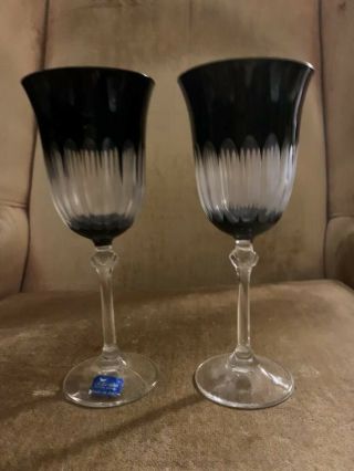 Set Of 2 Le Stelle Crystal Water Goblets Wine Glasses Black Clear Cut Italy Vgc