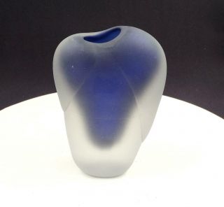 Bohemian Czech Art Glass Blue & Clear Satin Finish Heavy 5 3/4 " Paperweight Vase