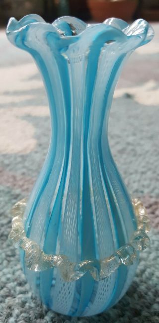 Vtg Murano Venetian Latticino Art Glass Bud Vase With Gold Gilt Rigare.