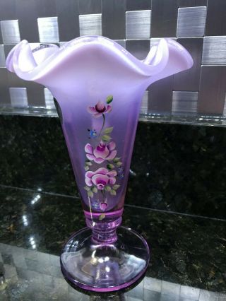 Hand Painted Fenton Glass Vase,  Iridescent Pink,  Ruffled Top,  Signed Riggs