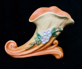 Weller Art Pottery Fancy Scrolled Orange Cornucopia Horn With Double Feet