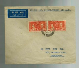 1937 Straits Settlement Singapore Airmail Cover To Penang First Flight Ffc