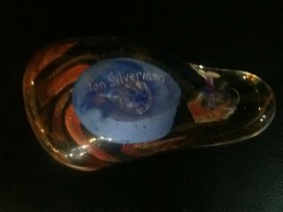 Signed Jon Silverman Hand Blown Crafted Clear Blue Paperweight Art Glass 2