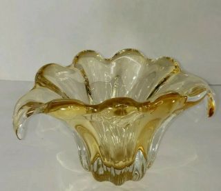 Vintage Murano Amber Glass Yellow Tulip Lily Handles Vase Mid Century 5.  5.  "