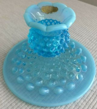 Pretty Vintage Fenton Blue Opalescent Hobnail Candle Holder With Label