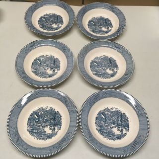 6 Royal Currier And Ives Blue Rim Soup Bowls 8 1/2” Early Winter