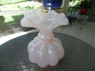 Vintage Fenton Art Glass Peach Pink Ruffled Edge Melon Shaped Vase