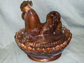 Antique Imperial Slag Glass Hen Rooster Chicken In A Basket Candy Container