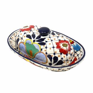 Handmade Pottery Butter Dish,  Dots & Flowers - Encantada