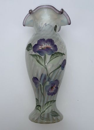 Fenton Glass 11 1/8” Tall Vase With Hand Painted Purple Flowers By D Fredrick
