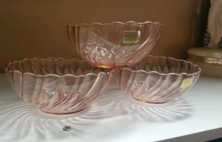 Arcoroc France Glass Rosaline Pink Swirl 5 " Salad Fruit Dessert Bowls Set Of 3