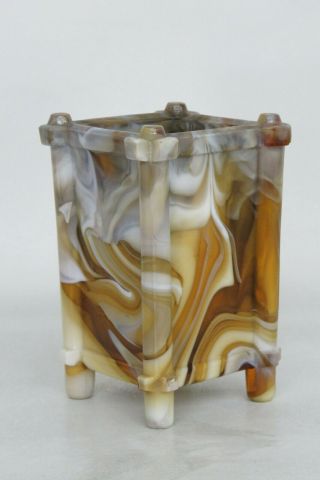 Caramel Slag Glass Arts Crafts Footed Toothpick Matchbox Holder Vase 1624b