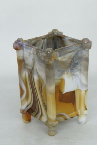 Caramel Slag Glass Arts Crafts Footed Toothpick Matchbox Holder Vase 1624B 2