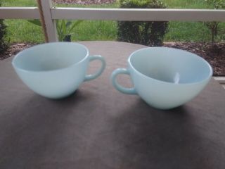 Vintage Set Of 2 Fire King Mid Century Modern Turquoise Blue Cups