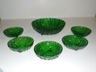 Set Of 6 Vintage Depression Emerald Green Glass Footed Bowls Dots 8.  5 " & 4.  5 "