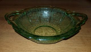 1930’s Green Depression Glass Cherry Blossom Handled Serving Bowl