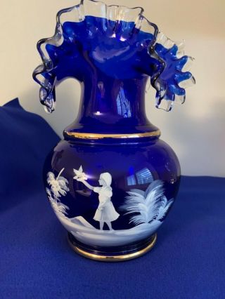 Cobalt Blue Mary Gregory Vintage Ruffled Vase