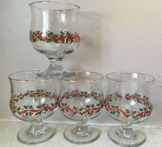 Libbey Christmas Wine Water Sherbet Dessert Goblets Glasses Stemmed Holly Ribbon