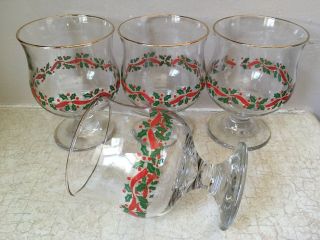 Libbey CHRISTMAS Wine Water Sherbet Dessert Goblets Glasses Stemmed HOLLY RIBBON 2
