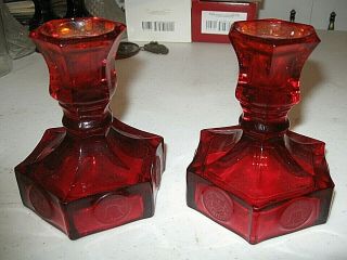 Fostoria Ruby Red Coin Glass Candlestick Holders / Set