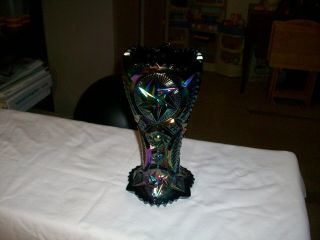 L E Smith Nortec Blue Amethyst Carnival Glass Vase 9 " Tall