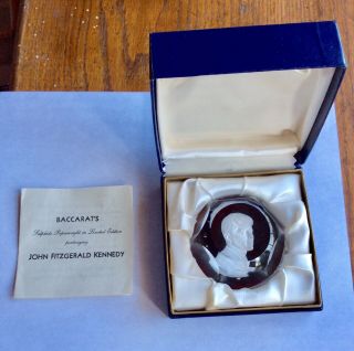 Baccarat Sulphide Cameo Paperweight Limited Ed.  John F.  Kennedy Box,  Certificate