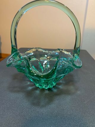 Vintage Fenton Sea Green Valencia Glass Basket Ruffled Edge Marked