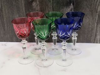 Set Of 6 Bohemian Cut To Clear Cordial Glasses Red Blue Green